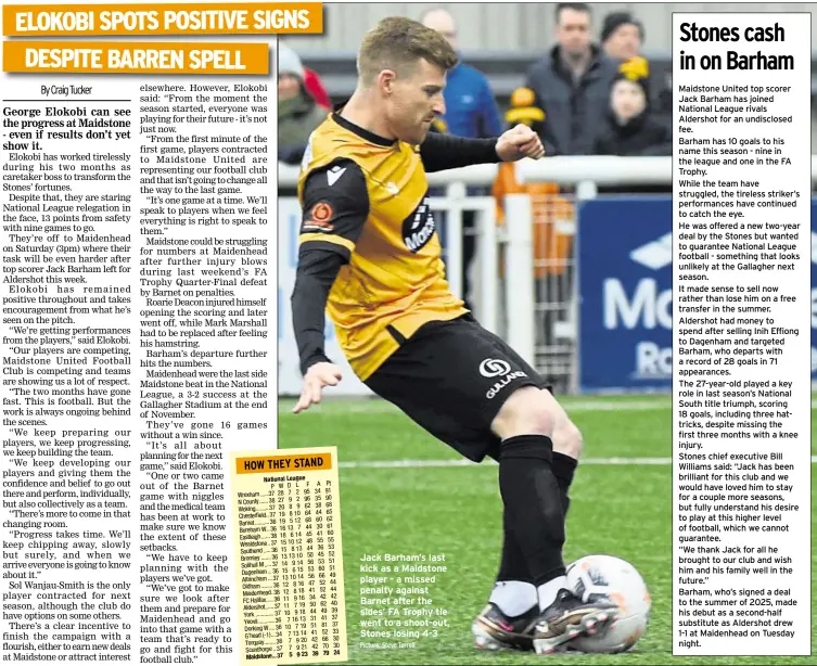  ?? ?? Jack Barham’s last kick as a Maidstone player - a missed penalty against Barnet after the sides’ FA Trophy tie went to a shoot-out, Stones losing 4-3