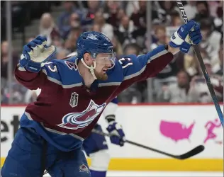  ?? JOHN LOCHER – THE ASSOCIATED PRESS ?? STANLEY CUP FINAL
Colorado right wing Valeri Nichushkin celebrates one of his two goals against Tampa Bay on Saturday.