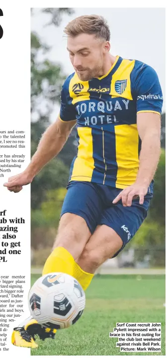  ?? Picture: Mark Wilson ?? Surf Coast recruit John Pykett impressed with a brace in his first outing for the club last weekend against rivals Bell Park.