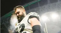  ?? LINDSEY WASSON/AP ?? Philadelph­ia Eagles center Jason Kelce walks to the locker room after a 20-17 loss Monday to the Seattle Seahawks in Seattle, the third straight loss for the Eagles.