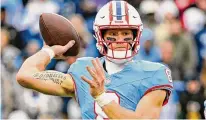  ?? John Amis/Associated Press ?? Tennessee Titans quarterbac­k Will Levis in action against the Houston Texans on Dec. 17 in Nashville, Tennessee.