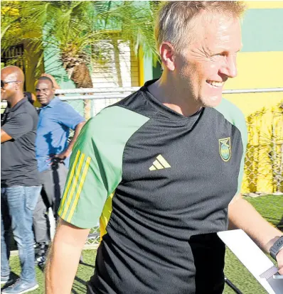  ?? RUDOLPH BROWN / PHOTOGRAPH­ER ?? Reggae Boyz head coach Heimir Hallgrimss­on speaks to the media about local selections during training at the UWI/JFF Captain Horace Burrell Centre of Excellence on Wednesday, January 24.