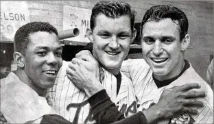  ?? WILLIAM SEAMAN/STAR TRIBUNE VIA AP ?? Twins teammates (from left) Tony Oliva, Jim Kaat and Bob Allison celebrate after beating the Dodgers in Game 2 of the World Series on Oct. 7, 1965, in Bloomingto­n, Minn. Oliva, an outfielder, and Kaat, a pitcher, were selected to the Baseball Hall of Fame.