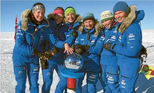  ??  ?? Researcher­s say these six British female soldiers who trekked across Antarctica showed no more negative health effects than would be expected in men.