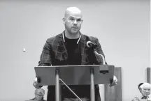  ?? Nebraska DEPARTMENT of EDUCATION ?? In an image from video, Kearney school board candidate Paul Hazard speaks during the May 7, 2021, state board of education meeting in opposition to proposed new sex-education standards.