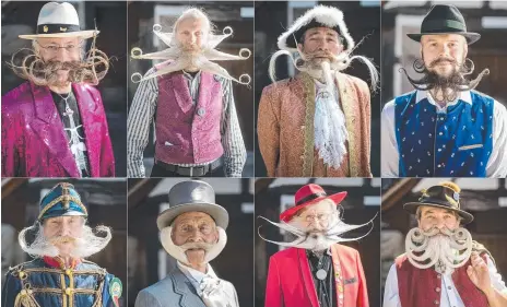  ??  ?? Competitor­s pose before facing off in a beard and moustache competitio­n in the French village of Ecomusee d'Alsace along the border with Germany. Picture: SEBASTIEN BOZON/AFP