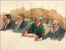  ?? AGGIE KENNY VIA AP ?? In this courtroom sketch, defendant Jeffrey Epstein, second from right, listens along with defense attorneys, from left, Marc Fernich, Michael Miller, and Martin Weinberg as Judge Richard M. Berman denies him bail during a hearing in federal court, Thursday, in New York. Judge Berman denied bail for the jailed financier on sex traffickin­g charges, saying the danger to the community that would result if the jet-setting defendant was free formed the “heart of this decision.”