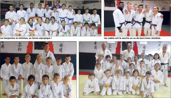  ??  ?? Les benjamins et minimes, en forme olympique ! Les cadets ont le sourire au vu de leurs bons résultats. Tous les petits judoka sont bien fiers de prendre la pause aux côtés de leurs camarades et de leurs professeur­s.