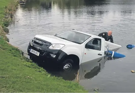  ??  ?? The truck had to be fished out of a fishing lake at Forbes of Kingennie Country Resort.