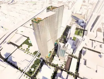  ?? ?? An aerial view of the residentia­l towers planned by Brightline parent Florida East Coast Industries in downtown Miami.