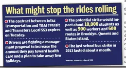  ??  ?? The contract between Jofaz Transporta­tion and Y&M Transit and Teamsters Local 553 expires on Tuesday. Drivers are fighting a management proposal to increase the amount they pay toward health care and a plan to take away five holidays. The potential...