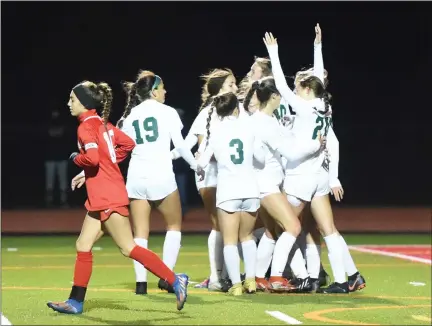  ?? MIKE CABREY — MEDIANEWS GROUP ?? Pennridge celebrates after a goal by Anna Croyle in the second half which gave the Rams a 2-0lead against Neshaminy during their PIAA4A semifinal on Wednesday.