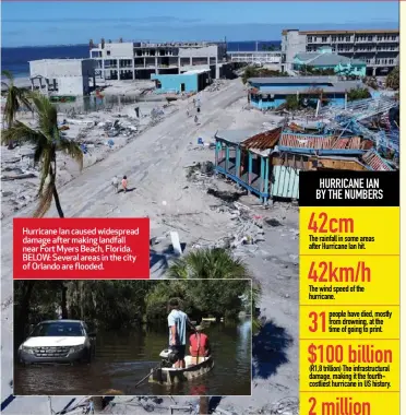  ?? ?? Hurricane Ian caused widespread damage after making landfall near Fort Myers Beach, Florida. BELOW: Several areas in the city of Orlando are flooded.