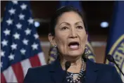  ?? J. SCOTT APPLEWHITE — THE ASSOCIATED PRESS FILE ?? On March 5, Rep. Deb Haaland, D-N.M., Native American Caucus co-chair, speaks to reporters on Capitol Hill in Washington. President-elect Joe Biden plans to nominate Haaland as interior secretary.