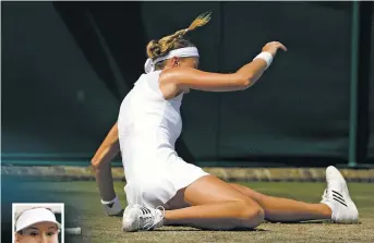  ?? ALASTAIR GRANT/THE ASSOCIATED PRESS ?? Kristina Mladenovic, above, slips during a singles match Thursday against Alison Riske at Wimbledon in London. Both Mladenovic and Riske complained to the umpire about the court conditions before play started, and again after each took a tumble in the...