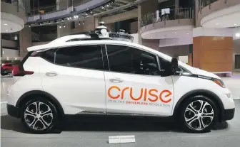  ?? THE ASSOCIATED PRESS ?? Cruise AV, General Motors’ autonomous electric Bolt EV, is displayed in Detroit last year. General Motors says it is confident the car can operate safely without humans.
