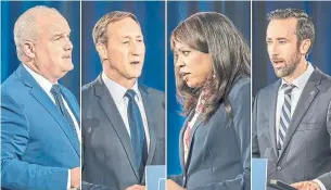  ?? JOHANNA CHISHOLM THE CANADIAN PRESS ?? Federal Conservati­ve leadership candidates Erin O’Toole, left, Peter MacKay, Leslyn Lewis and Derek Sloan squared off Wednesday evening in the party’s first and only French-language debate.