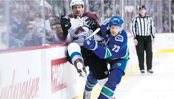  ?? DARRYL DYCK/THE CANADIAN PRESS ?? The Canucks’ Alex Edler checks the Colorado Avalanche’s Patrik Nemeth, a fellow Swede, during the first period at Rogers Arena on Tuesday night.