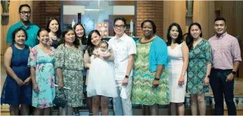  ??  ?? BAPTISM. Angelo and Cathy Tobes with baby Amare Caitlin and her baptismal sponsors: John Paula Baun, Emily Espina (proxy for Joseph Espina) and Marnete Mata. At the back, are Lleweyn Ledesma, Rianne Suico, Gene Sandiego, Shalisa Nelson, Carmelette Anne...