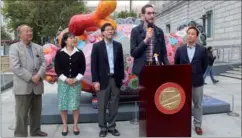  ?? LIA ZHU / CHINA DAILY ?? California Senator Scott Wiener (second from right), joins other state elected officials and community members to announce that Governor Jerry Brown signed Senate Bill 892, which officially recognizes Lunar New Year in California, on Sunday in San Francisco.