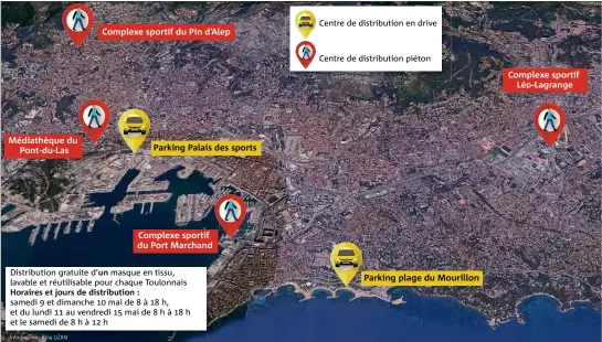  ?? (Infographi­e Rina Uzan) ?? En voiture ou à pied, vous pourrez retirer votre masque à Toulon, près de chez vous, dès samedi matin.