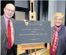  ??  ?? >
Dame Lynne Brindley, right, and university vice chancellor Prof Sir David Eastwood unveil the plaque