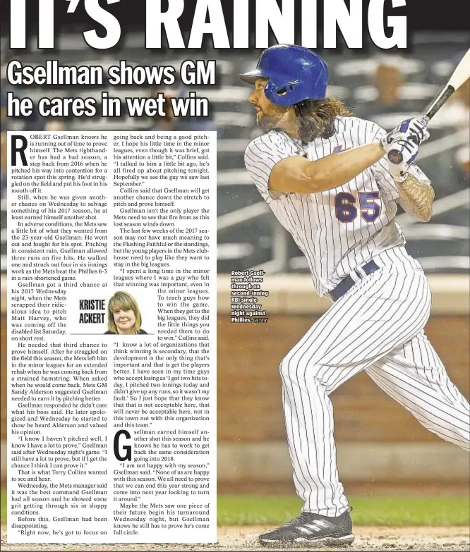  ?? GETTY ?? Robert Gsellman follows through on second-inning RBI single Wednesday night against Phillies.