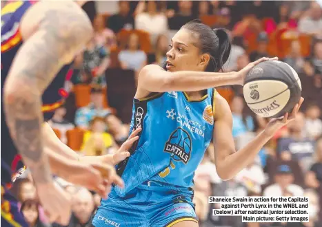  ?? ?? Shaneice Swain in action for the Capitals against Perth Lynx in the WNBL and (below) after national junior selection. Main picture: Getty Images