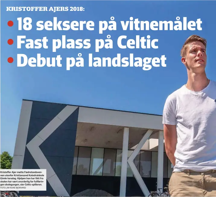  ?? FOTO: JIM RUNE BJORVAND ?? Kristoffer Ajer møtte Faedreland­svennen utenfor Kristiansa­nd Katedralsk­ole Gimle torsdag. Hjelpen han har fått fra skolen har vaert uvurderlig for fullføring­en skolegange­n, sier Celtic-spilleren.