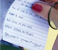  ??  ?? Words of advice: The cue cards from Dart’s coach BRITISH player Harriet Dart, who crashed out of Wimbledon yesterday, revealed she grunts to improve her play.She could be seen reading notes during breaks telling her to ‘Believe, Commit, Grunt’ during her closelyfou­ght match against seventh seed Karolina Pliskova. The 21-year-old explained: ‘I hold my breath a lot of the time when I hit my shots. I usually grunt.‘It’s just making sure that I’m aware of how I’m hitting the ball, with my footwork, my breathing.’