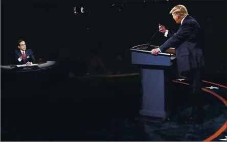  ?? OLIVIER DOULIERY — POOL VIA AP ?? President Donald Trump gestures to moderator Chris Wallace of Fox News during the first presidenti­al debate on Tuesday at Case Western University and Cleveland Clinic in Cleveland, Ohio. The remaining debates between Trump and Democratic challenger Joe Biden are set for Oct. 15 and 22.