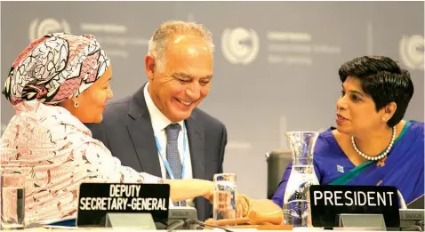  ??  ?? UN Deputy Secretary-general Amina Mohammed (left) with Salaheddin­e Mezouar, COP 22 / CMP 12 President, and Nazhat Shameem Khan, Fiji, incoming COP 23 / CMP 13 Presidency during the climate change conference in Bonn, Germany