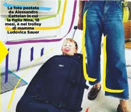  ??  ?? La foto postata da Alessandro Cattelan in cui la figlia Nina, 18 mesi, è nel trolley di mamma Ludovica Sauer