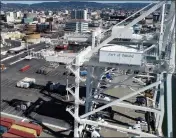  ?? JANE TYSKA — BAY AREA NEWS GROUP ?? Howard Terminal and downtown Oakland are seen from this drone view in 2019. The site is being considered for the Athletics' new ballpark.