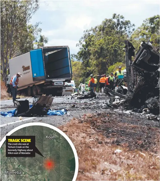  ??  ?? TRAGIC SCENE The crash site was at Tichum Creek on the Kennedy Highway about 10km east of Mareeba Koah