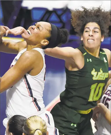  ?? Jessica Hill / Associated Press ?? Azura Stevens, left, has enjoyed the intense competitio­n that playing for the UConn program has provided her.