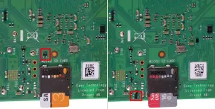  ??  ?? Of een Raspberry Pi 4 met de correcte USB-C schakeling wordt geleverd, kun je met een blik op de printplaat zien. De gecorrigee­rde modellen (links) hebben een transistor (hier rood gemarkeerd) boven het microSD-kaartslot, direct bij de beletterin­g met 'MICRO'.