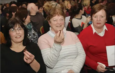  ??  ?? BLAST FROM THE PAST - Caroline Butler, Kathleen Butler and Mary Cousins enjoying the cooking demonstrat­ion by ‘The Happy Pear’ chefs Stephen and David Flynn, hosted by Buffers Alley GAA Club in Sean Og’s.