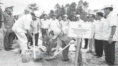  ??  ?? UGGAH menanam anak pokok kelapa sawit sebagai simbolik pelancaran Skim SALCRA Arip-Bawang Tau, Sungai Bawang Balingian.