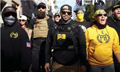  ?? ?? Members of the far-right Proud Boys, including leader Enrique Tarrio, rally in support of Donald Trump to protest against the results of the 2020 presidenti­al election. Photograph: Hannah McKay/Reuters