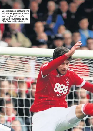  ??  ?? Scott Carson gathers the ball under pressure from Nottingham Forest’s Tobias Figueiredo at the City Ground in March.