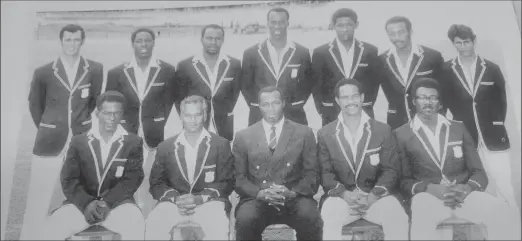  ?? ?? The West Indies team for the Fourth Test Match versus India at the Kensington Oval in 1971. Back row from left: Charlie Davis, Uton Dowe, John Shepherd, Vanburn Holder, Desmond Lewis, Maurice Foster and Inshan Ali; front row: Roy Fredericks, Rohan Kanhai, Wes Hall (Manager), Captain Garry Sobers, Clive Lloyd (Source: 1971 West Indies Cricket Annual)
