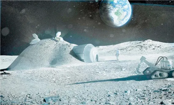  ??  ?? Concepción artística provista por la Agencia Espacial Europea de cómo luciría la posible base que se establecer­ía en la Luna.