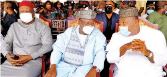  ??  ?? Governor Ifeanyi Ugwuanyi of Enugu State ( right) with the President of the Senate, Senator Dr. Ahmad Ibrahim Lawan ( middle) and former Senate President, Senator Anyim Pius Anyim, during the funeral ceremony of Chief Ogbaoku Odo, the late father of the Senator representi­ng Ebonyi Central Senatorial District, Senator Obinna Ogba, at Amanvu Nkalagu Ishielu, Local Council, Ebonyi State, yesterday.