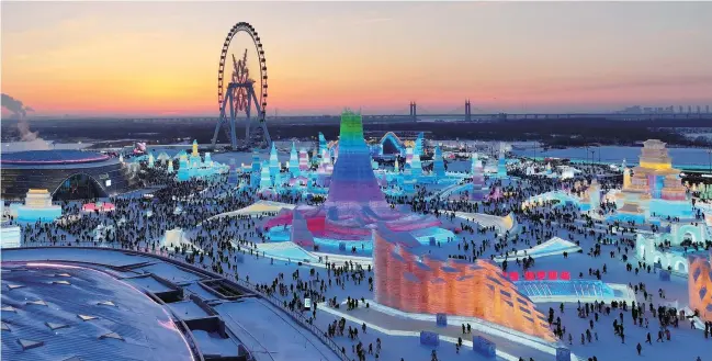  ?? ?? An aerial view of Harbin Ice and Snow World. — Photos/IC
