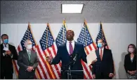  ?? (The New York Times/Al Drago) ?? “This is not about them or us,” U.S. Sen. Tim Scott told reporters Tuesday in remarks on police overhaul legislatio­n. It’s about young people and others, he said, “who are afraid to jog down the street or get in their car and drive.”