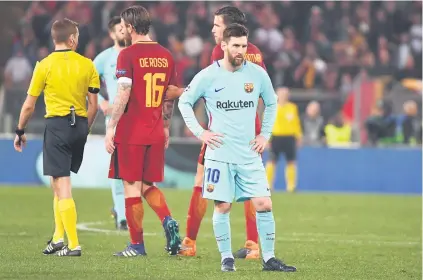  ?? Picture: AFP ?? DISTRAUGHT. Barcelona forward Lionel Messi was not a happy camper during their shock Champions League quarterfin­al defeat to Roma in Rome on Tuesday.