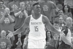  ?? The Associated Press ?? ONE GAME UP: Rockets center Clint Capela (15) reacts after a foul during the first half in Game 3 of Houston’s 113-92 road win in Salt Lake City over the Utah Jazz on Friday in the second round of the NBA playoffs.