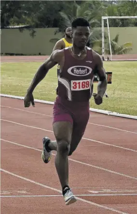  ?? (Photos: Paul Reid) ?? Herbert Morrison Technical’s Deandre Daley retains his boys’
100m title at the Milo Western Relays held at G C Foster College on February 10, 2024. He ran 10.40 seconds.