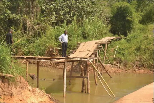  ??  ?? Despair... The writer stands atop the improvised wooden bridge often swept away by storm waters from the Inyaba River whenever it rained